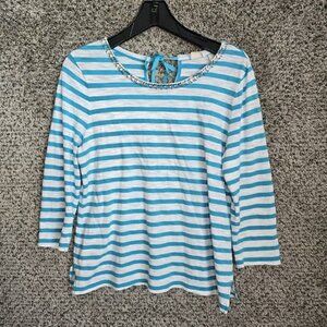 Chicos Top Womens 1 US Medium Blue Striped Embellished Scoop Neck Tie Casual